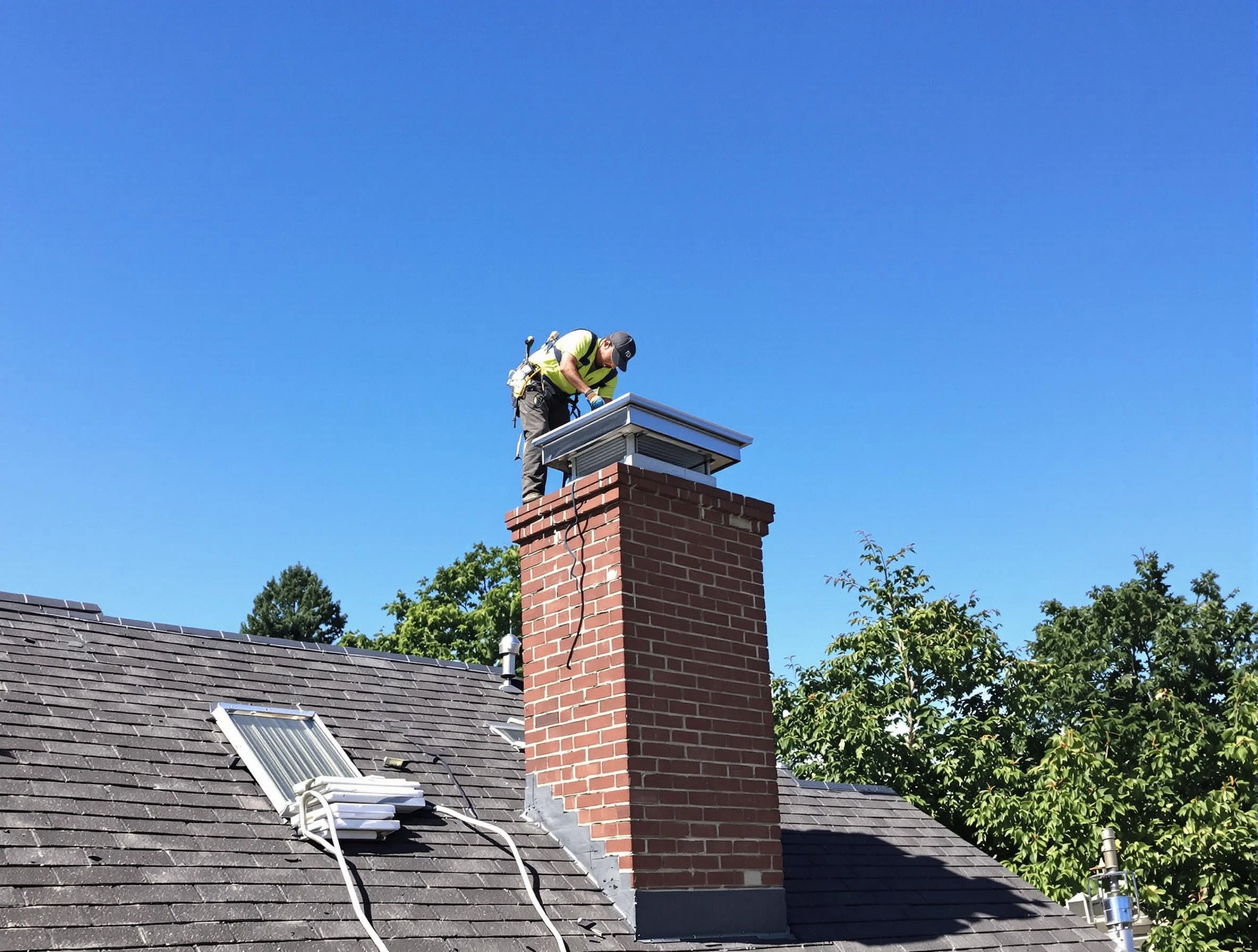 Littleton Chimney Sweep technician measuring a chimney cap in Littleton, CO